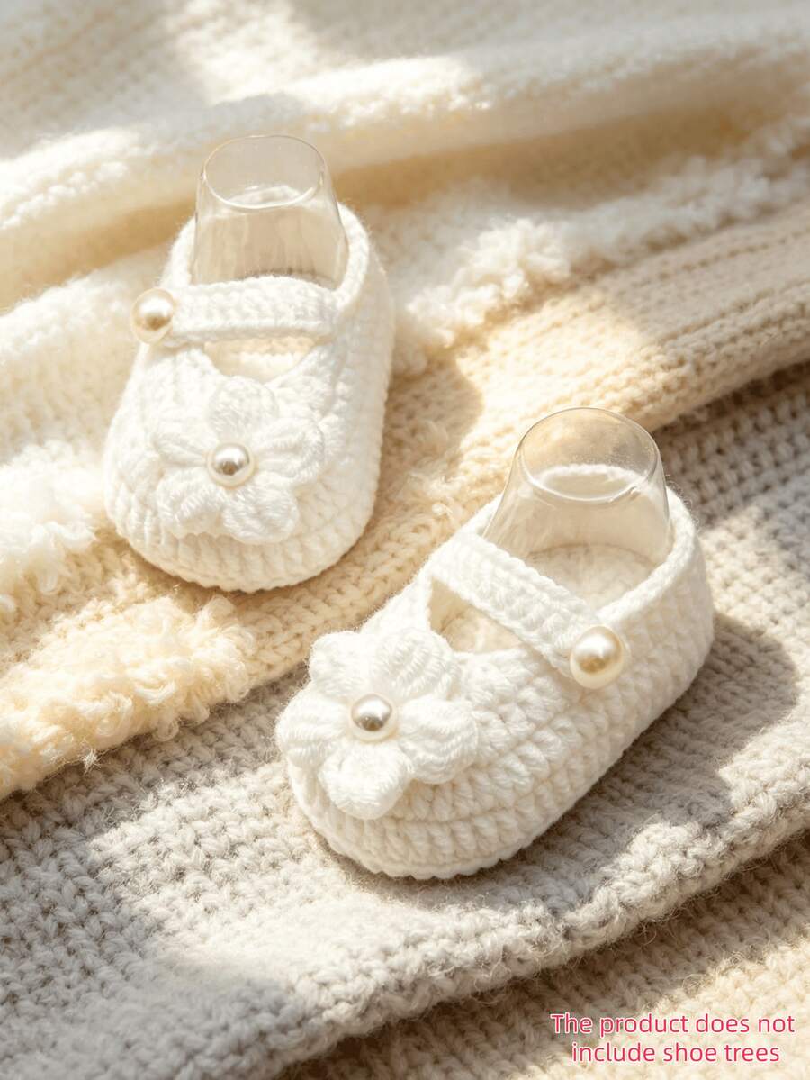 1 Pair Infant Christening Booties, White Pearl Knit Slippers, Infant Shoes - White - View 1