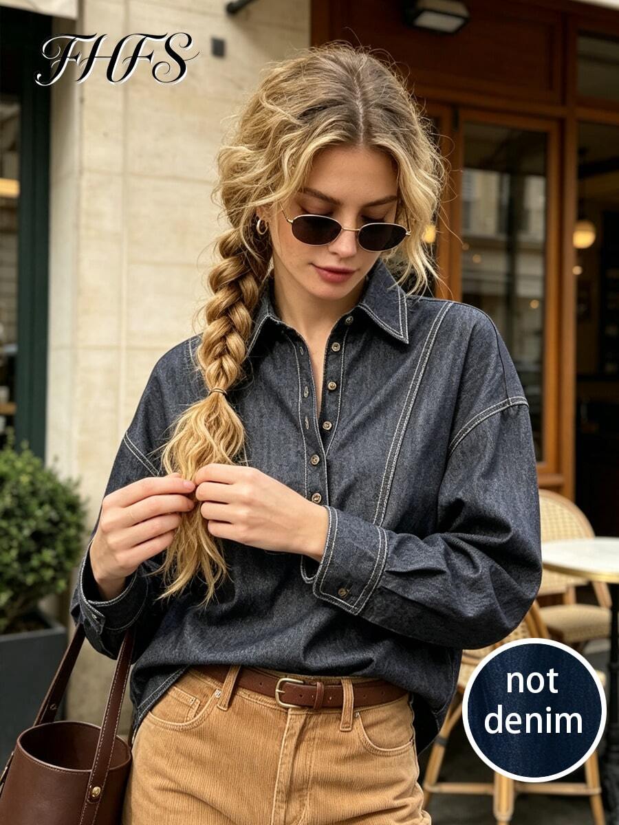 Women's Vintage Washed Dark Gray Woven Fabric Shirt Collar Top, Button Detail, Dropped Shoulder Long Sleeve, Suitable For Autumn Wear - Navy Blue - View 1