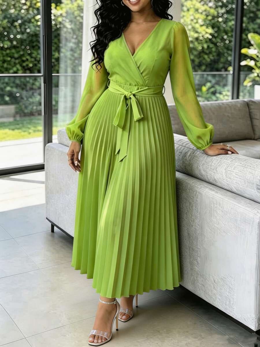 Women's Elegant Pleated Sleeve Patchwork Chiffon Solid Color Belt Cross Waist Long Dress