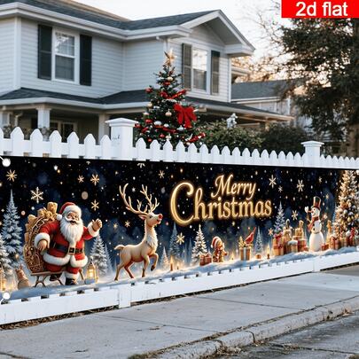 1pc Christmas Fence Banner, Christmas Party Decoration, Merry Christmas Decor, Designed With Santa Claus And Reindeer, Polyester Fabric, Suitable For Christmas Themed Party, Christmas Eve, Indoor/Outdoor, Yard, Window, Room Decoration