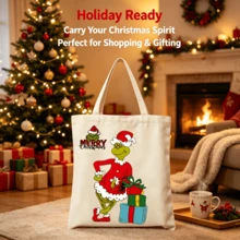 The Grinch 1pc Christmas Tote Bag, Cartoon Holiday Canvas Shoulder Bag With Festive Pattern, Reusable Shopping Bag For Gifts, Parties And Daily Use - Multicolor - View 6