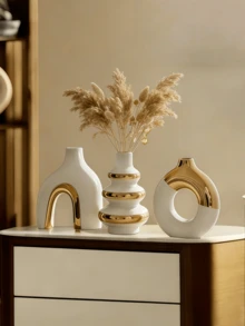 3pcs/Set White & Gold Electroplated Ceramic Vase Set Modern Nordic Aesthetic Decorative Flower Vase For Dried Flowers Table Home Decor - 1PC - View 6