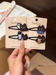 4PCS Cute Cartoon Black Cat BB Clips, Fun Cat Milk Tea Ghost Decorative Hair Clips, Quirky Adorable Cat Hair Clip Set, Daily Versatile Cute Hair Accessories - Black - View 3