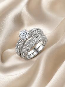 2Pcs Bridal Wedding Ring Set, Round 6 Prong Engagement Ring, Twisted Pave Stackable Silver Plated Rings For Women Anniversary Gift - Silver - View 3
