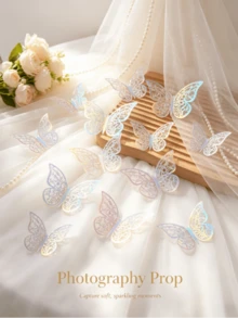 1 Pack (12pcs) Cardstock Laser Reflective Holographic Colorful Butterfly Decorative Stickers, Multi-Color 3D Hollow Butterfly Stickers For Home Wall, Birthday Party, Holiday DIY Decoration - 3D Butterfly - View 7