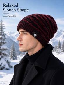 Winter Loose Knit Beanie, Oversized Design, Ribbed Brim With Textured Stripe Details, Comfortable Warm Headwear, Thick Cold-Proof Hat, Unisex, Suitable For Outdoor Hiking, Skiing, Travel, Commuting Seasonal Wear - Multicolor - View 5