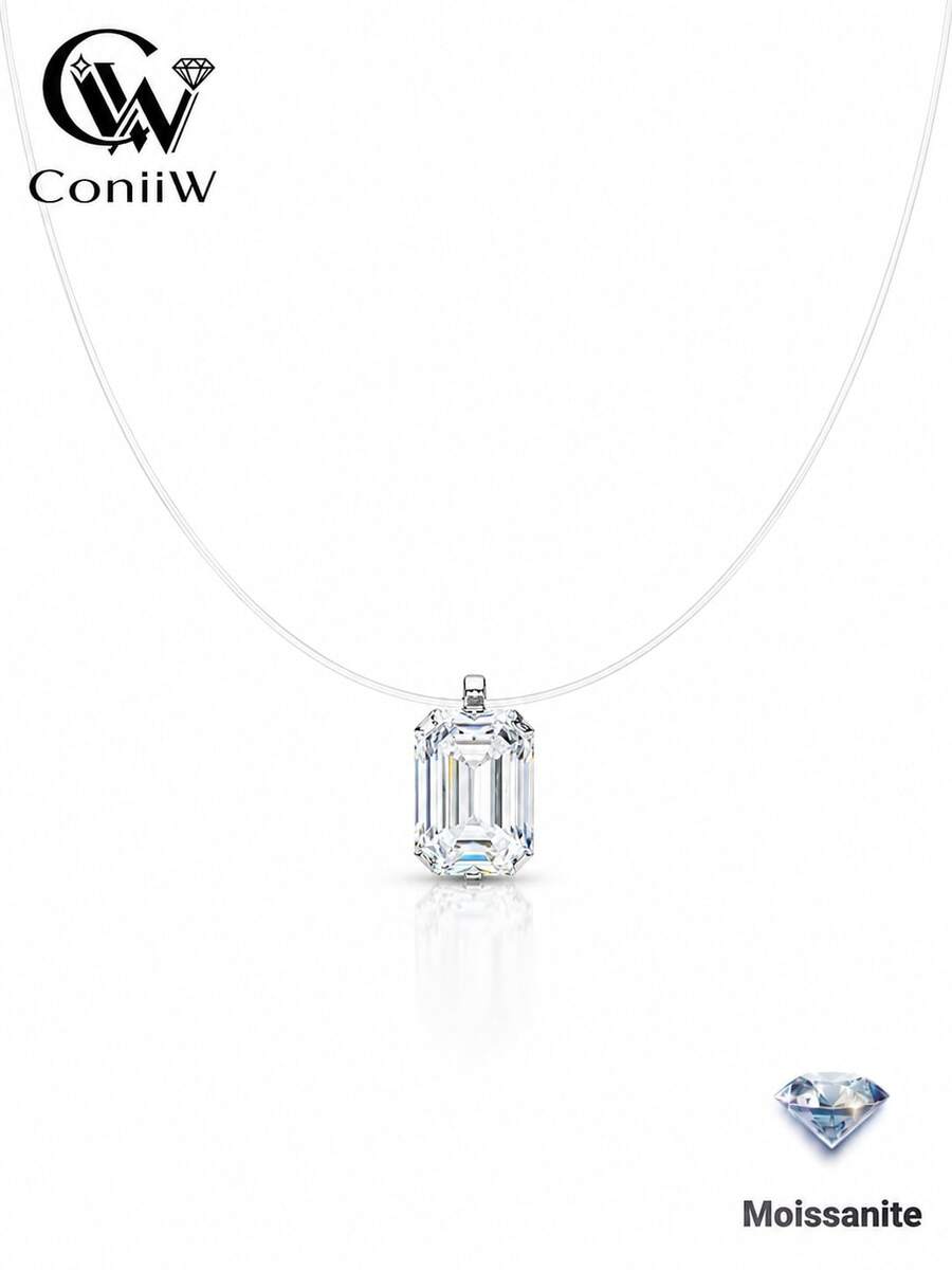 ConiiW 925 Silver 1-Carat Square Moissanite Invisible Fishing Line Necklace For Women – Suitable For Daily Wear And Dates