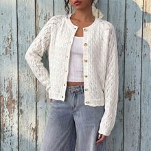 Women's Autumn Sweater Top, Soft White Hollow Crochet Round Neck Knitwear. Round Neck Single-Breasted Versatile Long Sleeve Drop Shoulder Loose Fit Top. Universal Layering Piece, Can Be Paired With White T-Shirt, Camisole, Jeans, Skirt, Casual Pants, Suitable For Commuting, Daily Casual, Simple Basic Versatile Style. - White - View 1