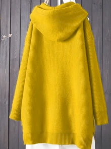 Plus Size Women Hooded Cable Knit Sweater, Yellow Drawstring Long Sleeve Loose Fall Outfit - Turmeric - View 4
