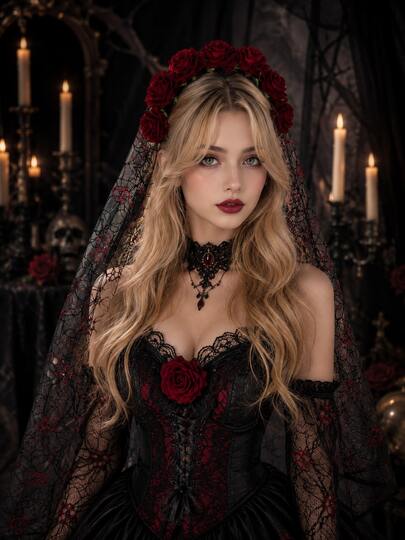 1pc Gothic Black Wedding Veil With Red Rose Floral Headband, Halloween Witch Cosplay Hair Accessories, Dark Lolita Retro Lace Veil Headpiece