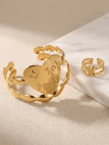 2pcs Gold Chain Engraved Heart-Shaped Open Bangle & Ring Set, Adjustable Women's Jewelry - Gold - View 3