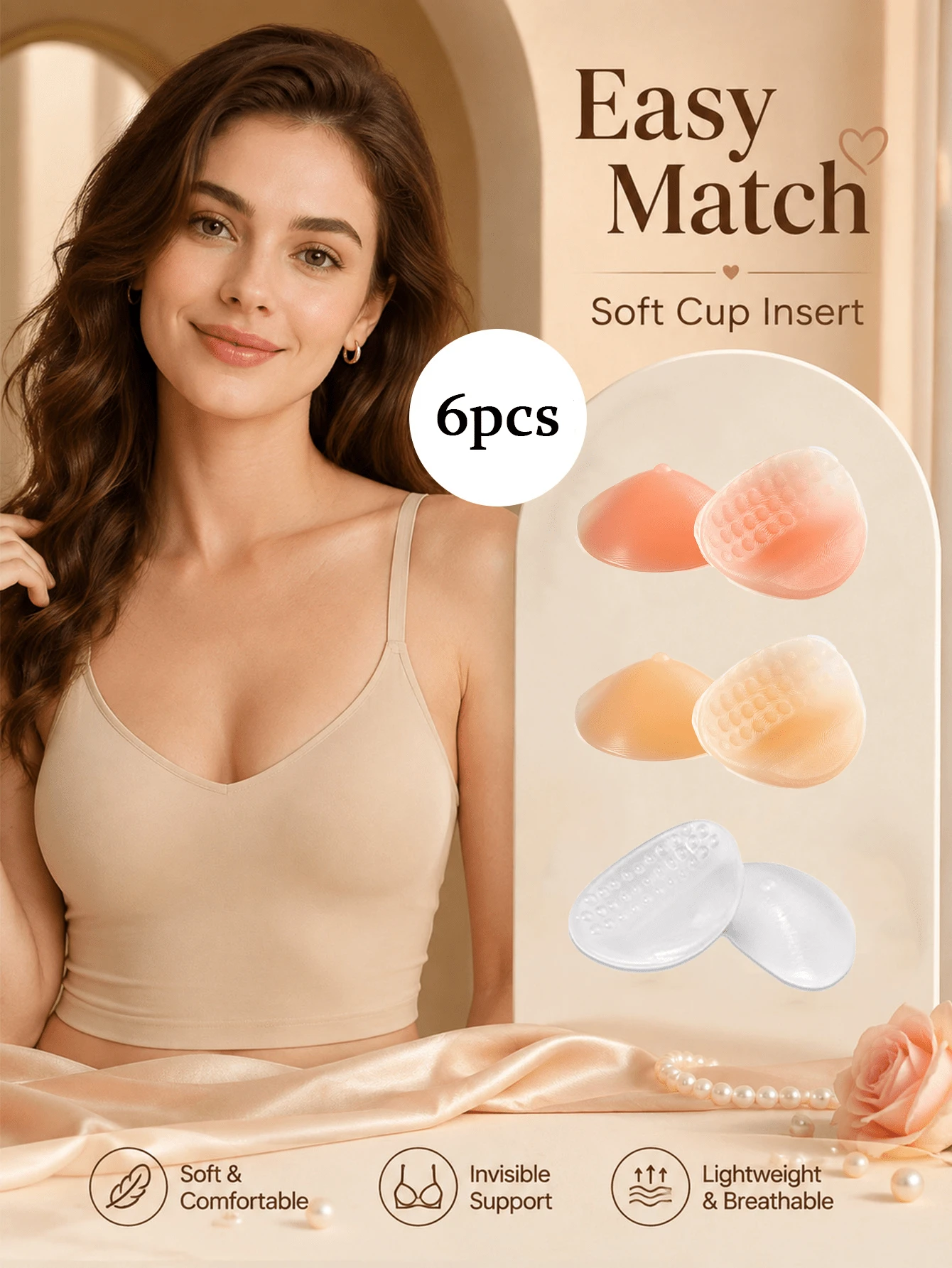 1pc/2pcs Transparent, Khaki, Pink Silicone Breast Pads, Soft Cup Design, Invisible Shoulder Strap, Suitable For Daily Wear, Work, Office, Knitwear, Tops, Party And Club Looks. Soft Teardrop Shaped Pads, Suitable For V-Neck Tops, Naturally Fit Body Shape, Universal Left/Right