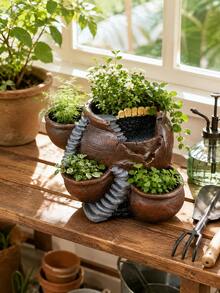 Resin Multi‑Pot Plant Planter With Stairway Design, Broken Pot Style Flower Container, Outdoor Patio Yard Balcony Tabletop Ornament, For Succulent Herb Planting Garden Backyard Landscape Display Decoration - Flower Pot - View 4