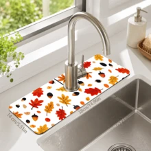 1pc Autumn Pattern Printed Diatomaceous Earth Faucet Water Absorbent Mat, Kitchen Sink Splash Guard, Washbasin Drip Tray, Countertop Water Collection Pad, Faucet Drip Collector, Suitable For Kitchen, Bathroom And Laundry Room - Multicolor - View 11