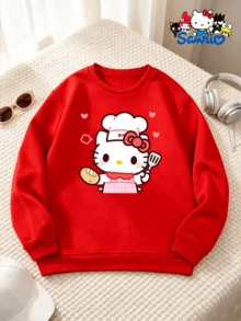 Hello Kitty Chef's Gourmet Printed Girls' Round Neck Hoodie, Girls' Casual Versatile Long Sleeve Hoodie, Campus Daily Dressing - Red - View 2