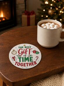 1/6pcs Christmas Round Coasters, Red & Green Holiday Blessing Text Print, Family Reunion Christmas Decor Coasters, Coffee Cup Heat-Resistant Table Mats, Christmas Party Home Desktop Decoration - Multi-color/1 - View 7