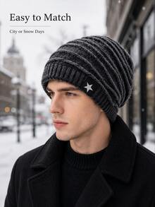 Winter Loose Knit Beanie, Oversized Design, Ribbed Brim With Textured Stripe Details, Comfortable Warm Headwear, Thick Cold-Proof Hat, Unisex, Suitable For Outdoor Hiking, Skiing, Travel, Commuting Seasonal Wear - Multicolor - View 8