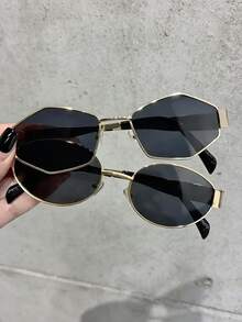 2pcs/Set Summer New Fashionable Retro Bohemian Metal Oval & Rhombus Personalized Fashion Glasses, Unisex Decorative Glasses With High-End Vibe - 2pcs Round Tea Diamond Gray - View 14