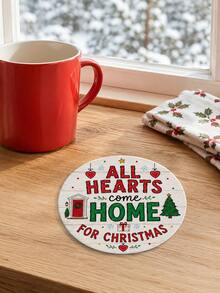 1/6pcs Christmas Round Coasters, Red & Green Holiday Blessing Text Print, Family Reunion Christmas Decor Coasters, Coffee Cup Heat-Resistant Table Mats, Christmas Party Home Desktop Decoration - Multi-color/1 - View 8