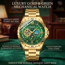 1pc Men's Yellow Angular Case Green Starry Sky Dial Moon Phase & Star Multi-Window Display Luxury Automatic Tourbillon Mechanical Wristwatch - Mouldless - View 8