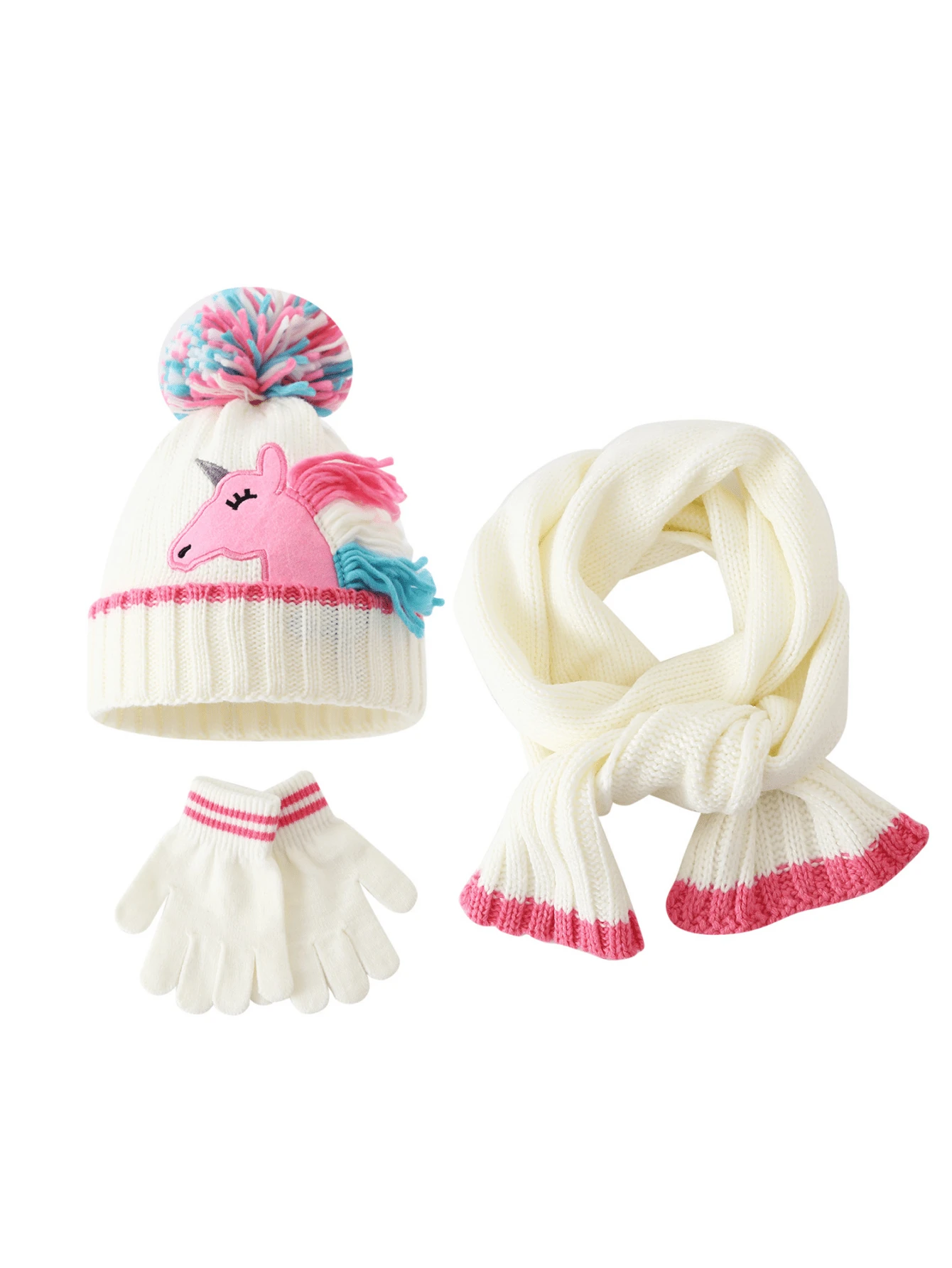 Autumn/Winter Cartoon Unicorn Hat & Gloves Warm Children's Knitted Hat 2-Piece Set For Little Girls - Unicorn 3-piece Set - View 1