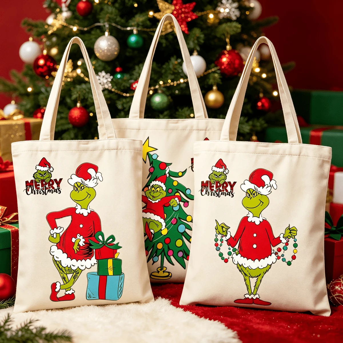 The Grinch 1pc Christmas Tote Bag, Cartoon Holiday Canvas Shoulder Bag With Festive Pattern, Reusable Shopping Bag For Gifts, Parties And Daily Use - Multicolor - View 1