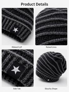 Winter Loose Knit Beanie, Oversized Design, Ribbed Brim With Textured Stripe Details, Comfortable Warm Headwear, Thick Cold-Proof Hat, Unisex, Suitable For Outdoor Hiking, Skiing, Travel, Commuting Seasonal Wear - Multicolor - View 9