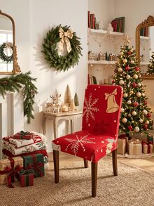 Christmas Print Elastic Dining Chair Cover, Santa Claus & Snowflake Pattern Stretchable Removable Chair Slipcover, Washable Furniture Protector, Christmas Kitchen & Dining Room Decor - Multicolor - View 10