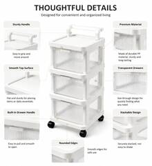 3-Tier Transparent Drawer Storage Cart With Removable Handle And 360° Swivel Wheels, 3 Colors Available, Rolling Organizer Cart With Clear Pull-Out Drawers For Bathroom, Kitchen, Bedroom, Office, Laundry Room And Home Storage - White - View 9
