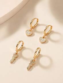 2 pares de pendientes colgantes con colgantes de llave y corazón, regalos para San Valentín, mamá, madre, Día de la Madre - Amarillo Oro - Ver 4