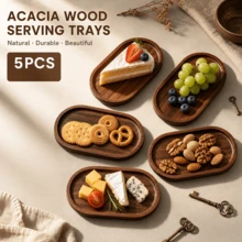 5pcs Acacia Wood Food Display Trays, Oval Vintage Wooden Plates, Crafted From Natural Acacia Wood, Exquisite Craftsmanship, With Raised Edge Design To Prevent Food From Slipping. Suitable For Breakfast Snacks, Cheese, Dried Fruits, Baked Desserts, And Also As Desktop Storage Trays For Small Items. Easy To Clean And Maintain, Supports Stackable Storage, Rustic Natural Wood Style, Perfect For Home Display, Holiday Gatherings, And Gifts. - View 7