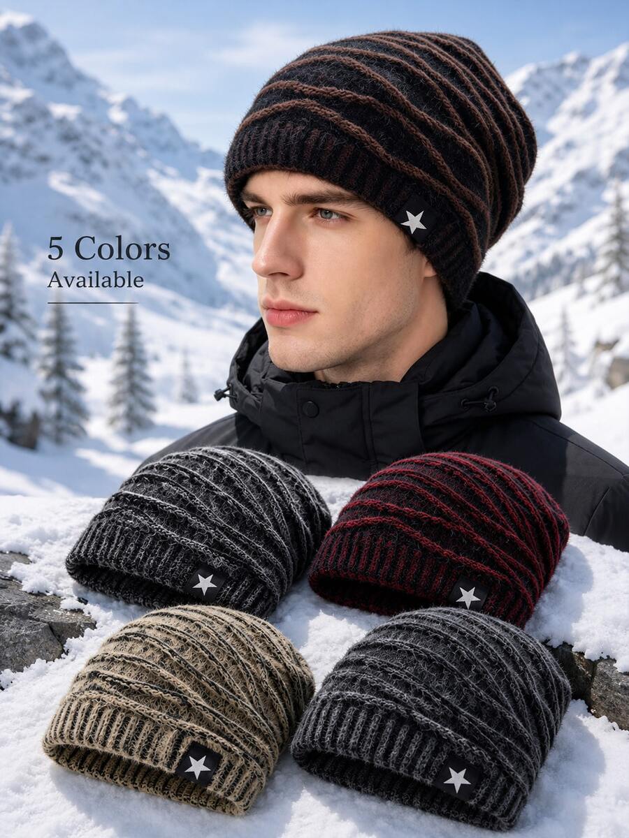 Winter Loose Knit Beanie, Oversized Design, Ribbed Brim With Textured Stripe Details, Comfortable Warm Headwear, Thick Cold-Proof Hat, Unisex, Suitable For Outdoor Hiking, Skiing, Travel, Commuting Seasonal Wear