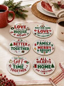 1/6pcs Christmas Round Coasters, Red & Green Holiday Blessing Text Print, Family Reunion Christmas Decor Coasters, Coffee Cup Heat-Resistant Table Mats, Christmas Party Home Desktop Decoration - Multi-color/1 - View 12