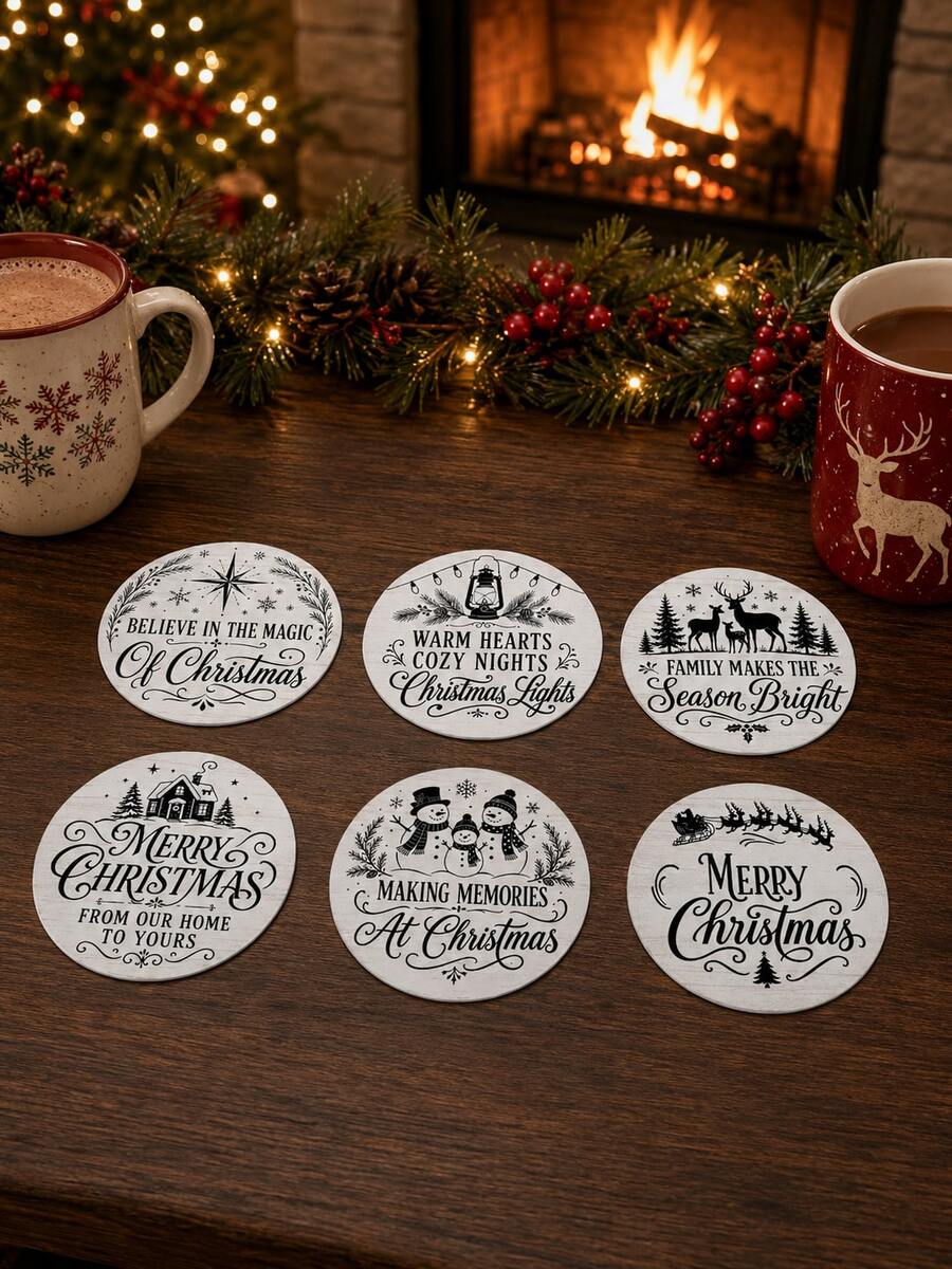 1/6入聖誕黑白圓形杯墊 Merry Christmas 暖心祝福文字款 雪人、馴鹿、房屋、雪花圖案 飲料杯墊 聖誕餐桌派對居家裝飾 - 多色/3 - 查看 1