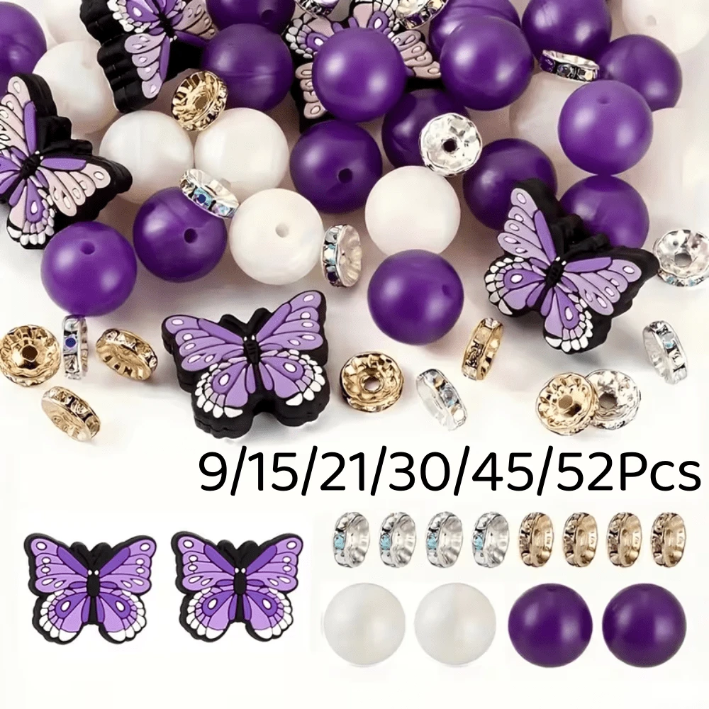 9/15/21/30/45/52Pcs Butterfly Theme Silicone Spacer Beads, Used For Making Jewelry, Perfect For Creating Unique Bracelets And Decorative Pens, Ideal Gift For Valentine's Day - Multicolor - View 1