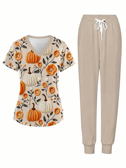 2pcs Women' Nurse Uniform Scrubs Suitable For & Gift - Full-Body Pumpkin Floral Print V-Neck Uniforms, Comfortable Fabric, Pocketed All-Season Wear
