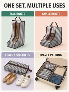 1pc Houndstooth Shoe & Boot Storage Bag In 3 Sizes, Non-Woven Fabric & PVC Material, Dustproof Zipper Organizer With Transparent Window & Handle For Tall Boots, Ankle Boots, Heels & Sneakers, Space-Saving Living Room Home Decor For Closet & Entryway - Multicolor - View 10