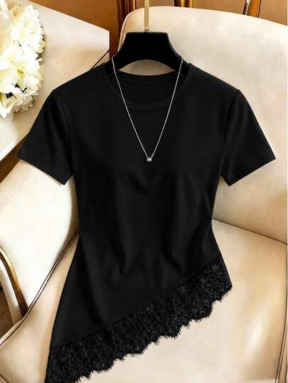 Camiseta Blusa Feminina Assimétrica Com Renda de Manga Curta Gola Redonda Cor Sólida Casual Versátil e Sofisticada para o Dia a Dia