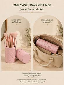 1PC Quilted PU Leather Makeup Brush Organizer With Rose Gold Rivets And Snap Strap, Detachable Cylindrical Storage Tube For Vanity, Bathroom Countertop, Travel Or Bag Organization, Beauty Storage, Christmas And Saudi National Day Gift, Daily Use - Pink - View 5