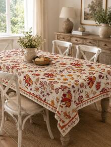 1pc Thanksgiving Polyester Tablecloth, Turkey & Autumn Leaf Print Round/Rectangular Tablecloth, Autumn Harvest Thanksgiving Dinner Table Decor, Suitable For Kitchen & Farmhouse Style Home - I - View 4