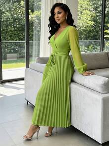 Women's Elegant Pleated Sleeve Patchwork Chiffon Solid Color Belt Cross Waist Long Dress - Green - View 6