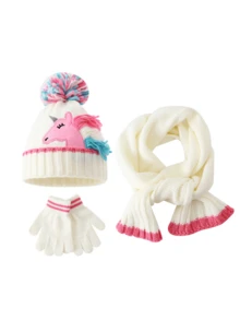 Autumn/Winter Cartoon Unicorn Hat & Gloves Warm Children's Knitted Hat 2-Piece Set For Little Girls - Unicorn 3-piece Set - View 10