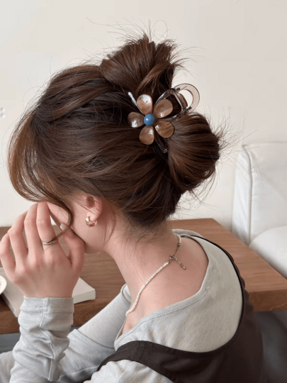 Vintage Blue Pearl Flower Hair Claw, Vintage Gradient Petal Hair Claw, 3D Flower Decor Hair Clip, Vintage Contrast Color Pearl Five-Petal Flower Hair Claw, Everyday Vintage Versatile Hair Accessory