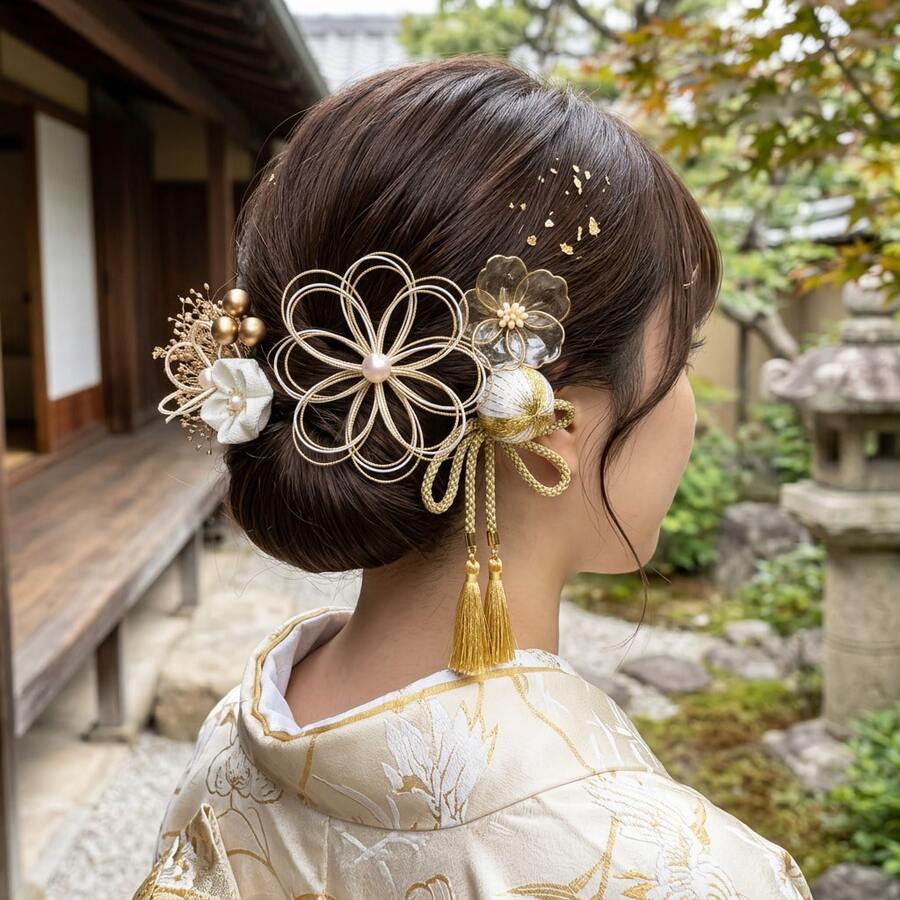 成人禮髮飾套組(傳統日式布花手工藝),金白色,日式珠飾、水引、金箔,可愛 - つまみ細工 9點 - 查看 1
