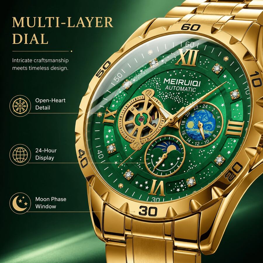 1pc Men's Yellow Angular Case Green Starry Sky Dial Moon Phase & Star Multi-Window Display Luxury Automatic Tourbillon Mechanical Wristwatch - Mouldless - View 1