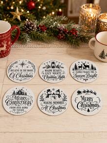 1/6入聖誕黑白圓形杯墊 Merry Christmas 暖心祝福文字款 雪人、馴鹿、房屋、雪花圖案 飲料杯墊 聖誕餐桌派對居家裝飾 - 多色/3 - 查看 7