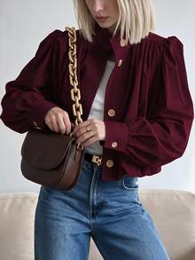 New Casual Vacation Elegant Commute Business Casual Collar Long Sleeve Khaki Textured Twill Fabric Early Autumn Women's Jacket - Burgundy - View 3