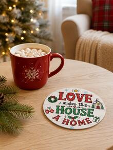 1/6pcs Christmas Round Coasters, Red & Green Holiday Blessing Text Print, Family Reunion Christmas Decor Coasters, Coffee Cup Heat-Resistant Table Mats, Christmas Party Home Desktop Decoration - Multi-color/1 - View 2