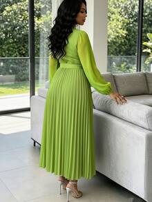 Women's Elegant Pleated Sleeve Patchwork Chiffon Solid Color Belt Cross Waist Long Dress - Green - View 3