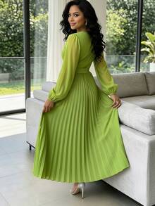 Women's Elegant Pleated Sleeve Patchwork Chiffon Solid Color Belt Cross Waist Long Dress - Green - View 5